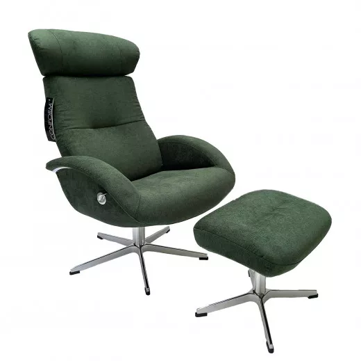FLOW XL Sessel + Hocker, Velvety Dark Green, Rücken +5cm, X-Fuss Alu +3,5cm