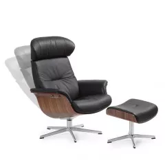 TIMEOUT XL Sessel + Hocker, Walnuss / Leder FANTASY Black, X-Fuss-Alu
